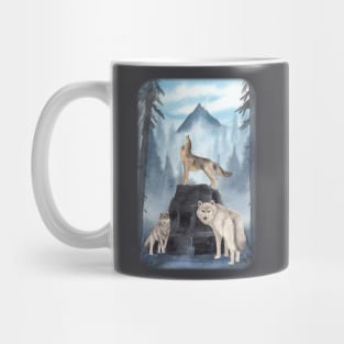 Three wolf hunting in misty forest night Howling Mug